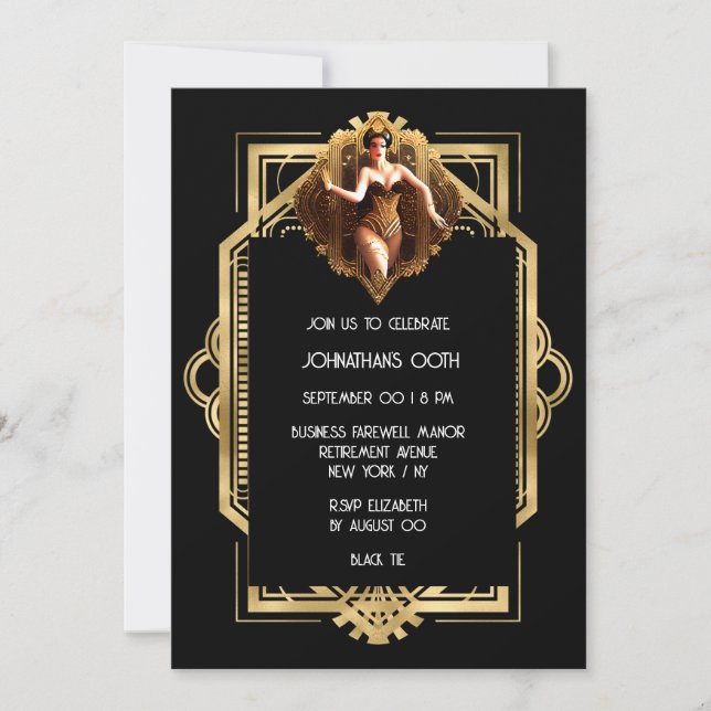 Convites Gatsby Flapper Girl black gold 1920 (Frente)