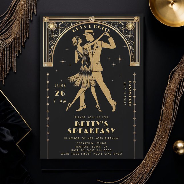 Convites Gatsby Flapper Speakeasy Roaring 20s Deco Birthday (roaring 20s speakeasy gatsby flapper dance dancing couple gold black deco adult birthday invite)