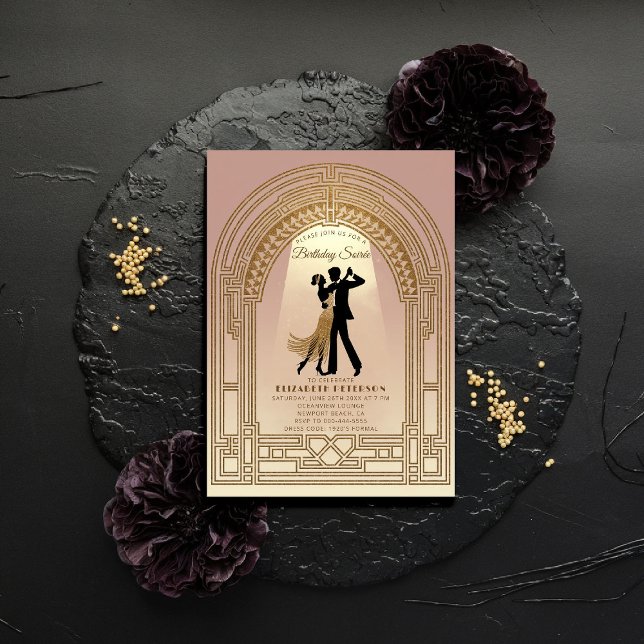 Convites Gatsby Roaring 20 Deco Arch Pink Aniversário (gatsby party invitation roaring twenties 1920s art deco nouveau arch frame business corporate event)