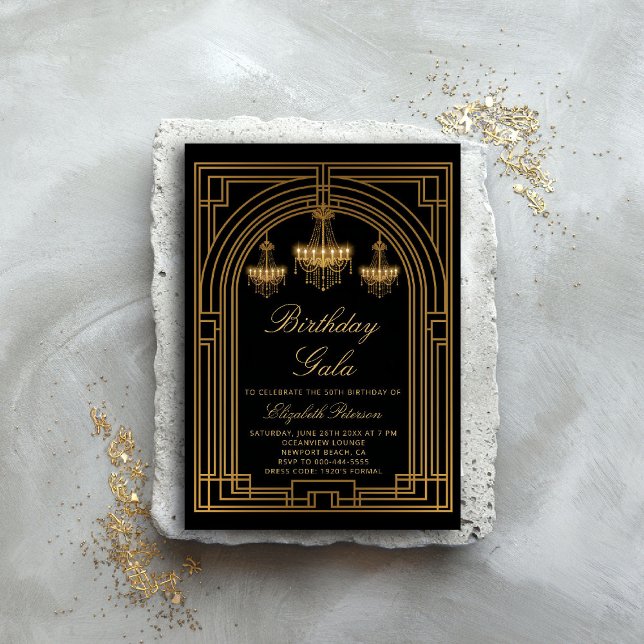Convites Gatsby Roaring 20s Deco Chandeliers Dourado Aniver (gatsby party invitation roaring 1920 twenties prohibition deco chandeliers elegant ball event)