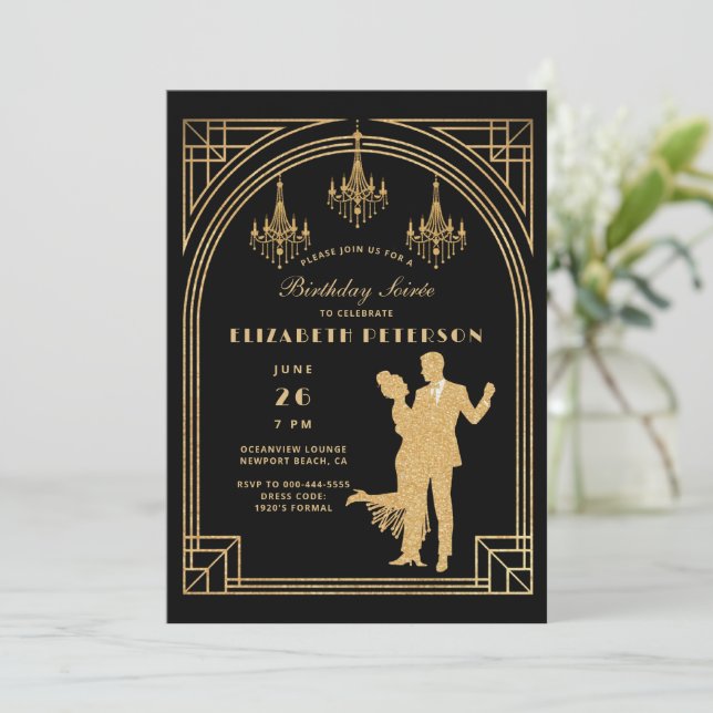 Convites Gatsby Roaring 20s Deco Chandeliers Frame Birthday (Em pé/Frente)
