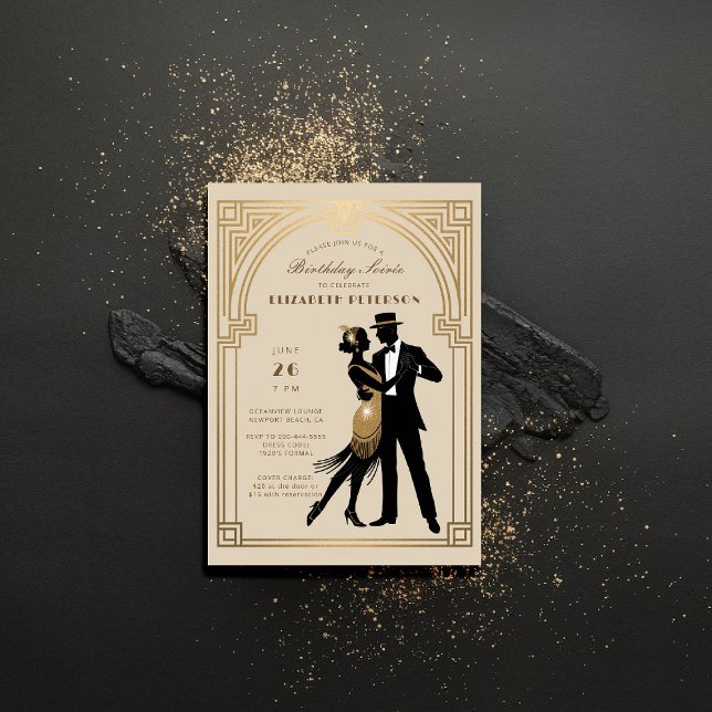 Convites Gatsby Roaring Twenties Art Deco Beige Birthday (gatsby party invitation roaring 1920s art deco frame elegant gold business corporate event)