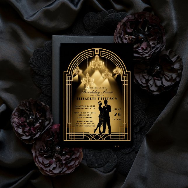 Convites Gatsby Roaring Twenties Deco Chandeliers Birthday (gatsby party invitation roaring twenties 1920s art deco nouveau arch gold business corporate event)