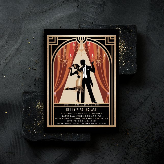 Convites Gatsby Speakeasy Roaring 20s Deco Dance Birthday (gatsby party invitation speakeasy roaring 1920s twenties nouveau deco flapper dance gold black chic)