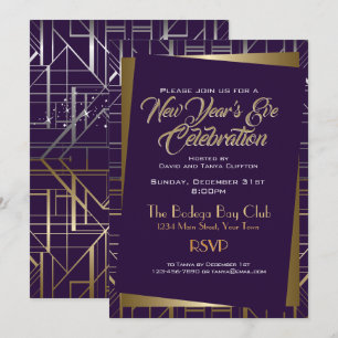 Convites Gatsby Style NYE Dourado e Azul Meia-noite