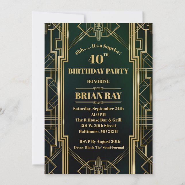 Convites Gatsby Style Suprise Birthday Convide 5x7 (Frente)