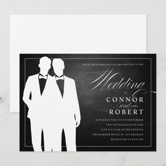Convites Gay Chalkboard Weding Two Grooms Silhouettes (Frente/Verso)