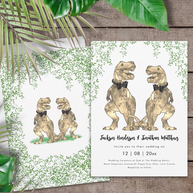 Convites Gay de Dinossauro Casamento T-Rex Dois Alcômodos (Dinosaur gay wedding two grooms watercolor dino wedding save the date invitation)