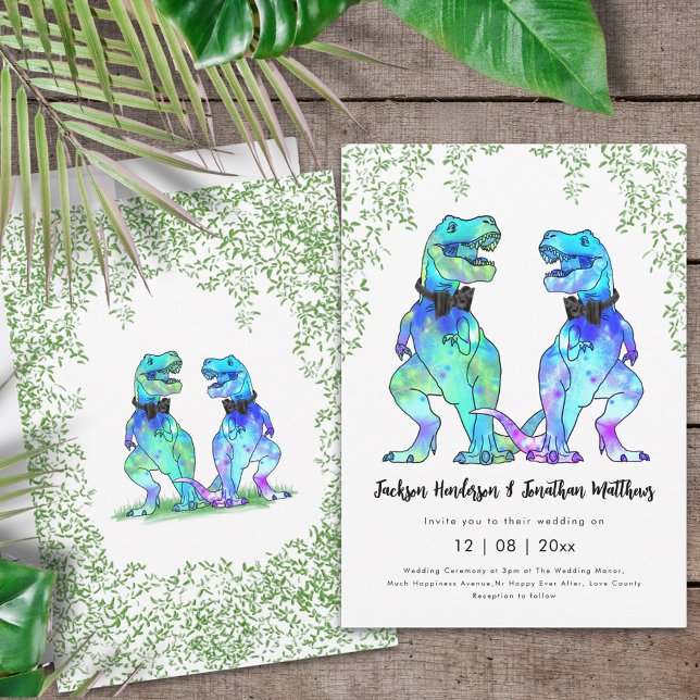 Convites Gay de Dinossauro Casamento T-Rex Dois Alcômodos (Dinosaur gay wedding two T-Rex grooms colorful dino wedding invitation in vibrant bright colors )
