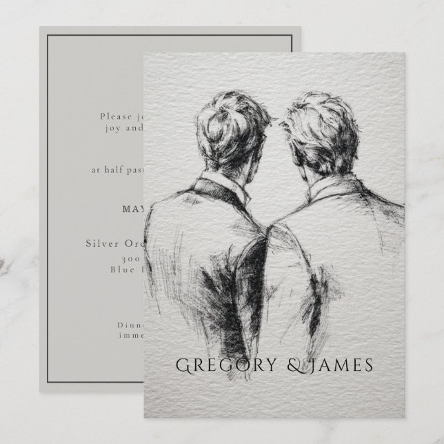 Convites Gay / Grooms Wedding Pencil Drawing  (Frente/Verso)