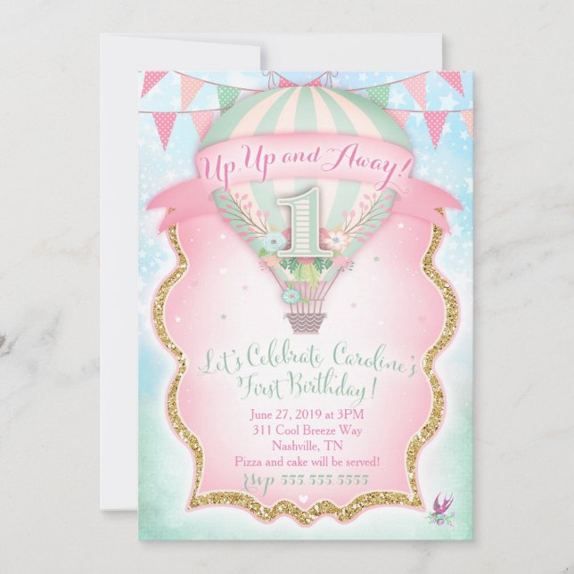 Convites GC Hot Air Balloon Primeiro Aniversário Caroline (Frente)