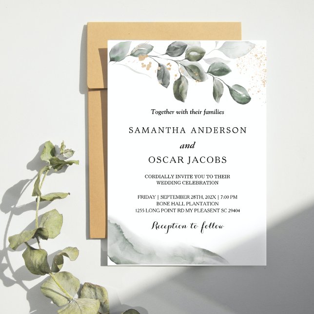 Convites Gel Greenery Watercolor Folha | Pó Dourada (Criador carregado)