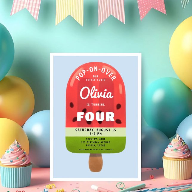 Convites Gelado de Melão Gelado 4.º Aniversário (Cute Melon Popsicle Girl 4th Birthday Invitation)
