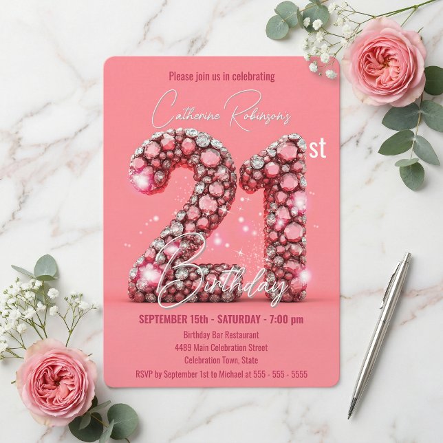 Convites Gemas Cor-de-Rosa e Prateadas Brilhantes Aniversár (Criador carregado)