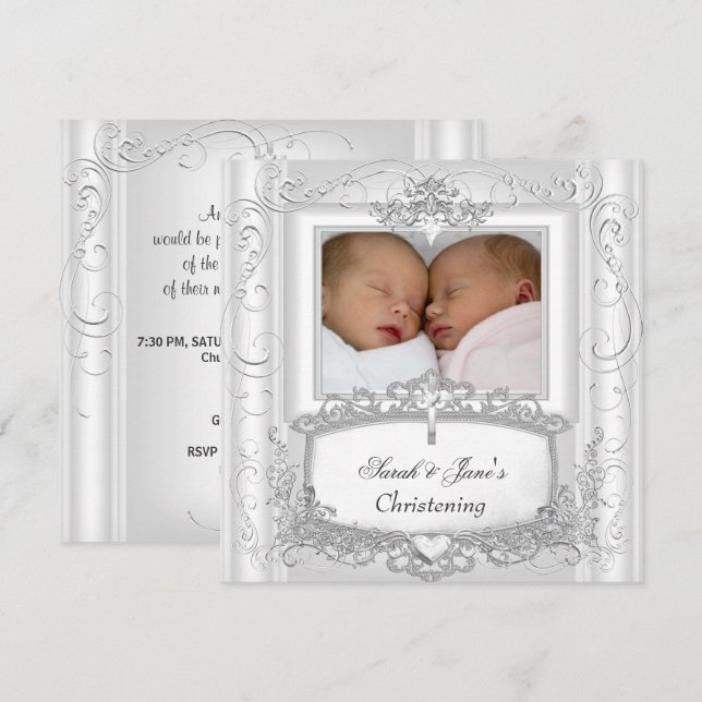 Convites Gêmea Menina ou Menino Batismo Batizado Branco (Frente/Verso)