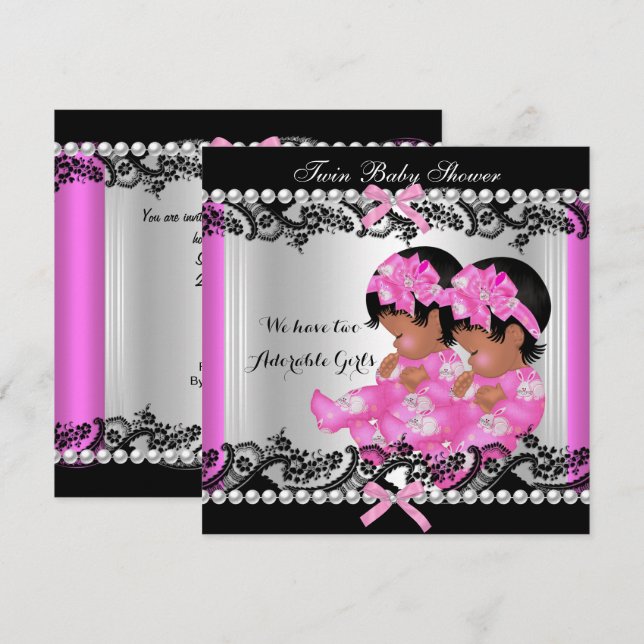 Convites Gêmeas Afro-Americanas Chuveiro de Bebê Rosa Quent (Frente/Verso)