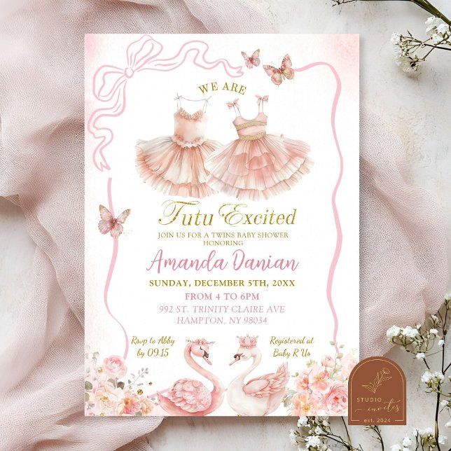 Convites Gêmeas Bailarina Tutu Bebê Menina Flor Rosa (Criador carregado)
