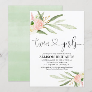 Convites Gêmeas, chá de fraldas floral cor-de-rosa de our