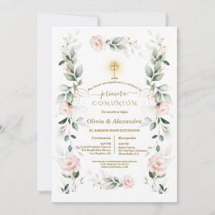 Convites Gêmeas da Primeira Comunhão Blush Floral Comunhão