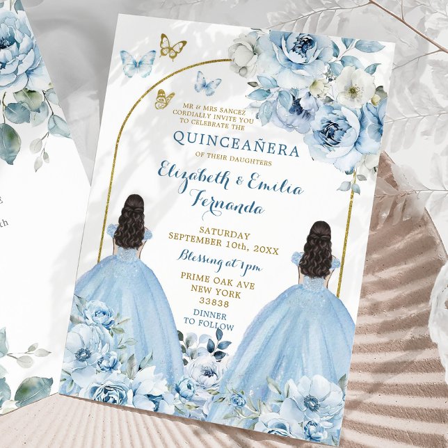 Convites Gêmeas Dusty Blue Mexican Quinceañera Princesas (Criador carregado)