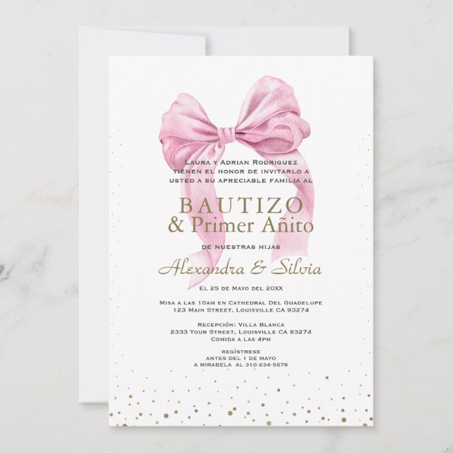 Convites Gêmeas Filhas Laço Rosa Primeiro Aniversário Batiz (Frente)