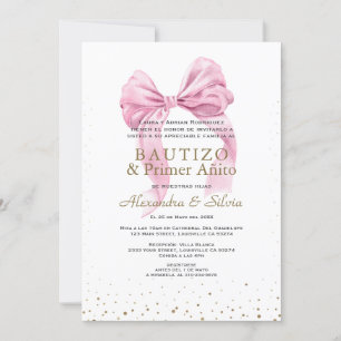 Convites Gêmeas Filhas Laço Rosa Primeiro Aniversário Batiz