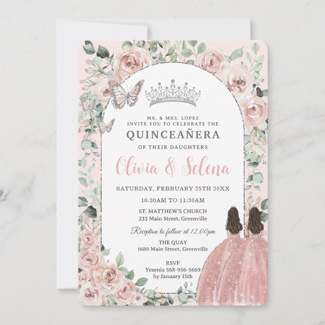 Convites Gêmeas Florais Blush Princas Silver Quinceañera (Frente)
