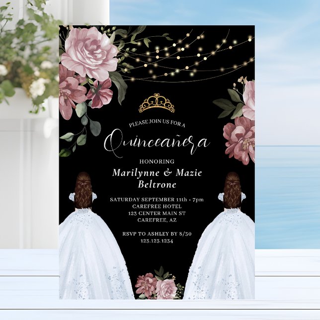 Convites Gêmeas Florais Princesa Rosa Empoeirado Quinceañer (Criador carregado)