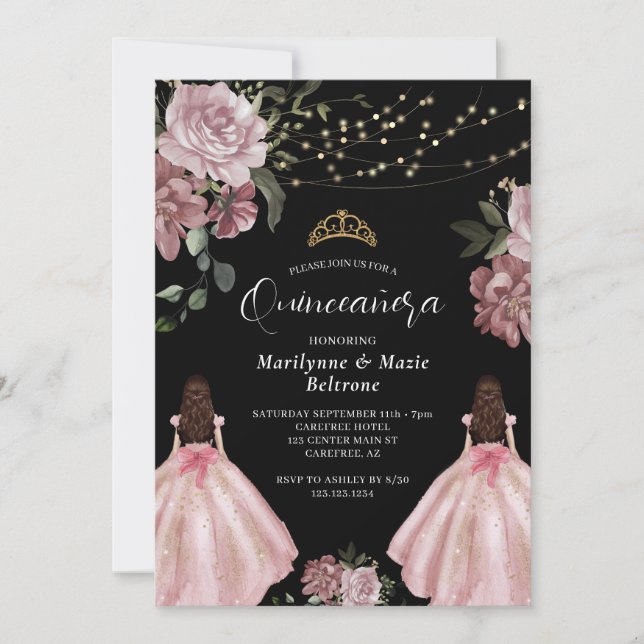 Convites Gêmeas Florais Princesa Rosa Empoeirado Quinceañer (Frente)