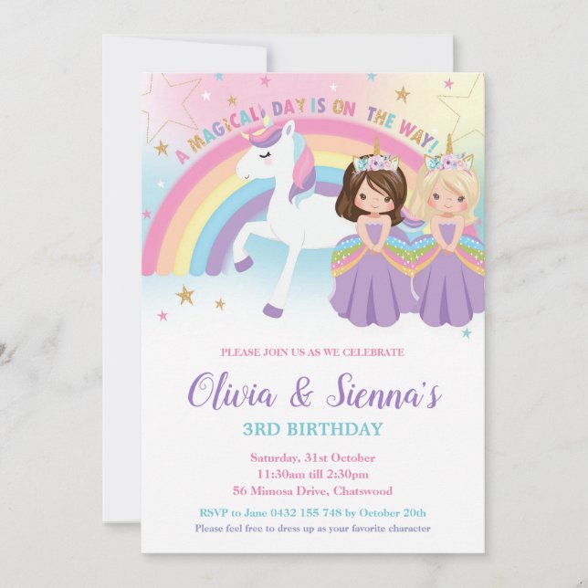 Convites Gêmeas Morena Loira Princesas Unicórnio Aniversári (Frente)
