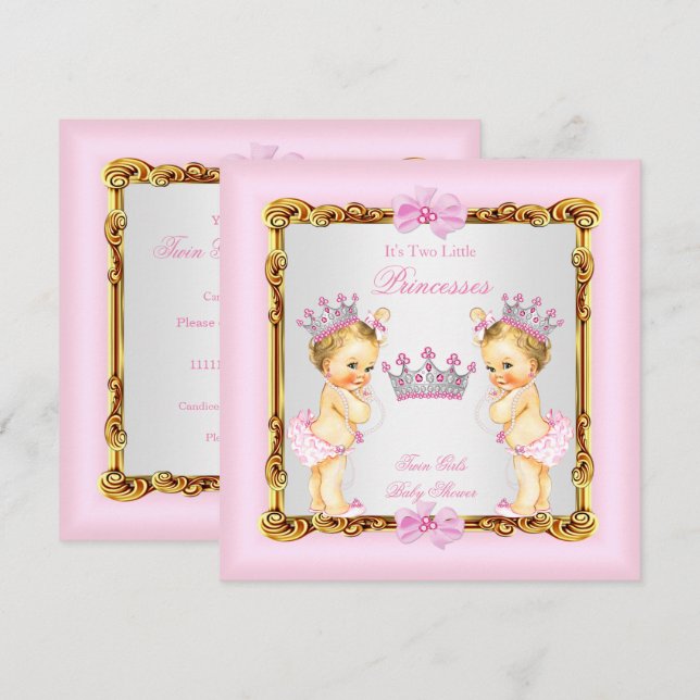 Convites Gêmeas Princesa Baby Shower Dourado Rosa Loira (Frente/Verso)