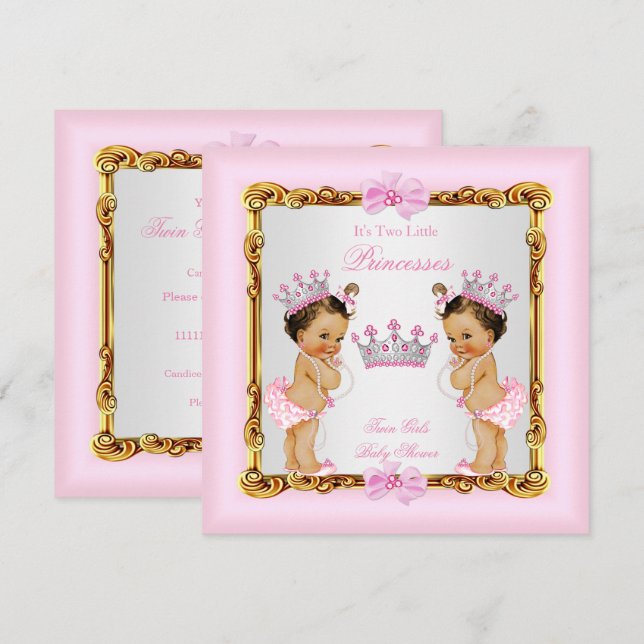 Convites Gêmeas Princesa Chuveiro de Bebê Dourado Rosa More (Frente/Verso)