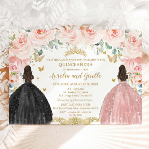 Convites Gêmeas Quinceañera Princesa Rosa Floral Dourado Pr
