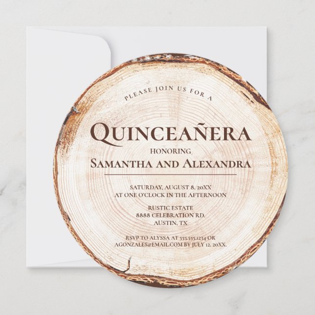 Convites Gêmeas Rústicas Quinze Anos Textura de Madeira Qui (Frente)