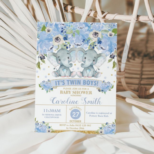 Convites Gêmeos Azul Chic Floral Elefante Chuveiro Bebê Men (Criador carregado)