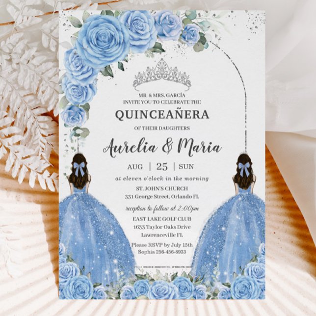 Convites Gêmeos Bahama Azul Vestido Floral Silver Quinceañe (Criador carregado)