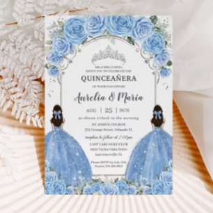 Convites Gêmeos Bahama Sky Blue Floral Silver Quinceañera