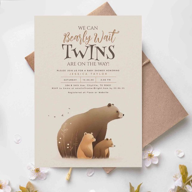 Convites Gêmeos Beam Bear e Chá de fraldas de Mãe Cuta (We Can Bearly Wait Twins Are On The Way! - Cute Mother bear and her two cubs baby shower invitations)