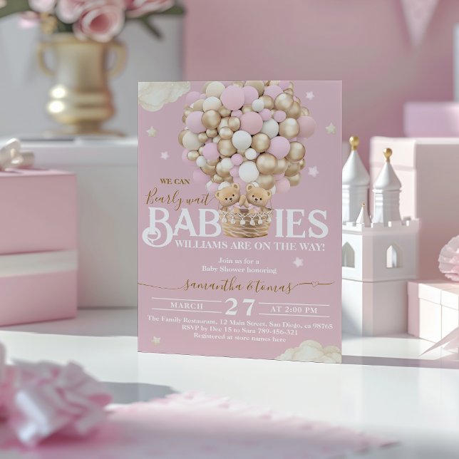 Convites Gêmeos Bear Balões Esperam Chá (Criador carregado)