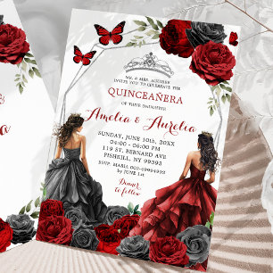 Convites Gêmeos Black e Red Burgundy - Quinceañera Floral