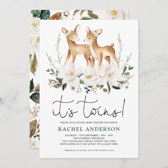 Convites Gêmeos-cervos Doce Chá de fraldas Ivory Floral Gre (Frente/Verso)