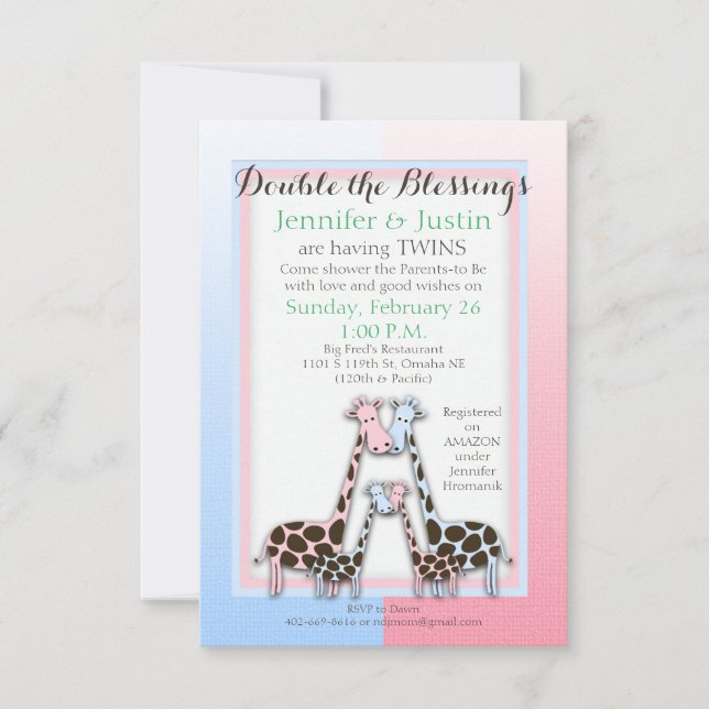 Convites Gêmeos Chá de fraldas Bebê Girafas Azul e Rosa (Je (Frente)