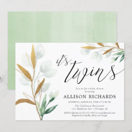Convites Gêmeos chá de fraldas de ouro verde neutro em term