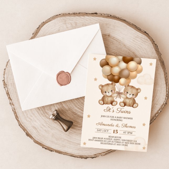 Convites Gêmeos Chá de fraldas Neutro do Balão do Urso de T (Criador carregado)