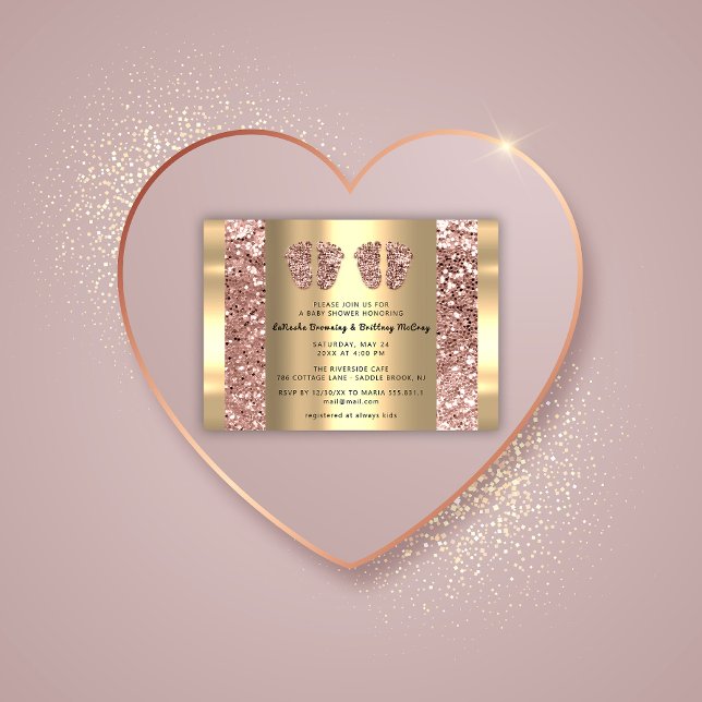 Convites Gêmeos Chá de fraldas Rosa Glitter Garota Dourada (Twins Baby Shower Feet Rose Glitter Boy Girl Gold Invitation)