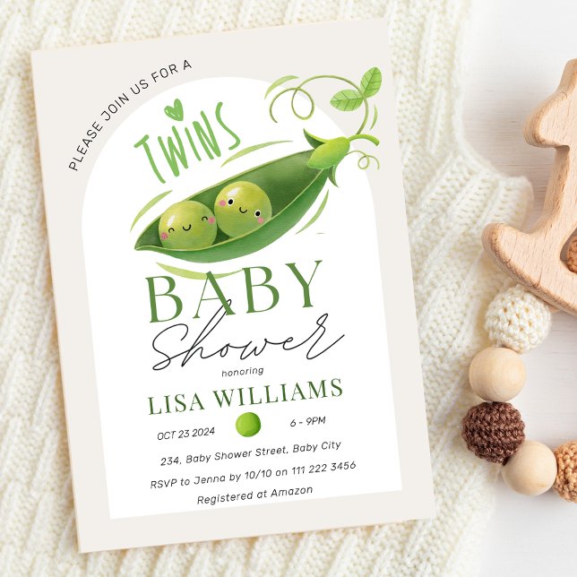 Convites Gêmeos Chás de fraldas em Pod Boys Neutros (Twins Baby Shower Peas In A Pod Boys Girls Neutral Invitation)