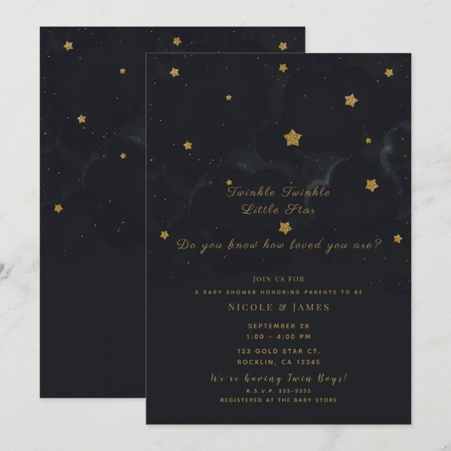 Convites Gêmeos Chuvinha de Estrelas Céu Noturno Dourado e  (Frente/Verso)