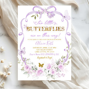 Convites Gêmeos Coquette Floral Roxa Borboleta Chás de Bebê