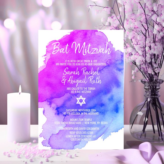 Convites Gêmeos Cores Aquíferos Púrpura Azul Estrela Azul B (Twins Watercolor Purple Blue Star BAT MITZVAH Invitation)