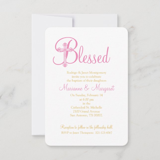 Convites gêmeos CRISTENTES ou BAPTISMO cruz dourada rosa (Frente)